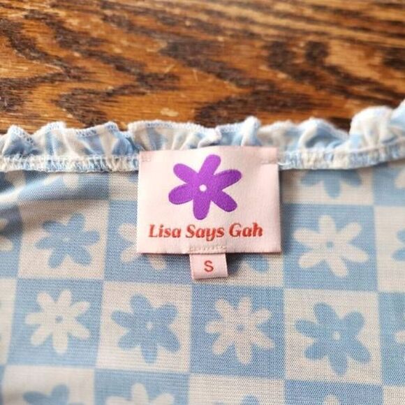 lisa says gah x kjp blue mesh flower checkered top sz Small - Picture 3 of 6